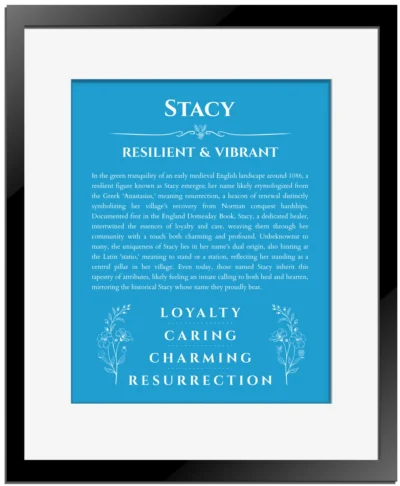 Stacy name meaning gift print in blue with black matte frame