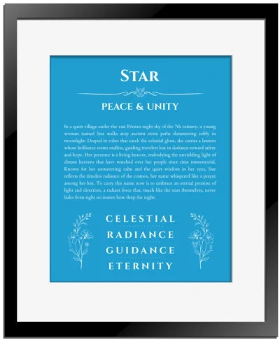 Star name origin print with meaning and traits in blue with black matte frame