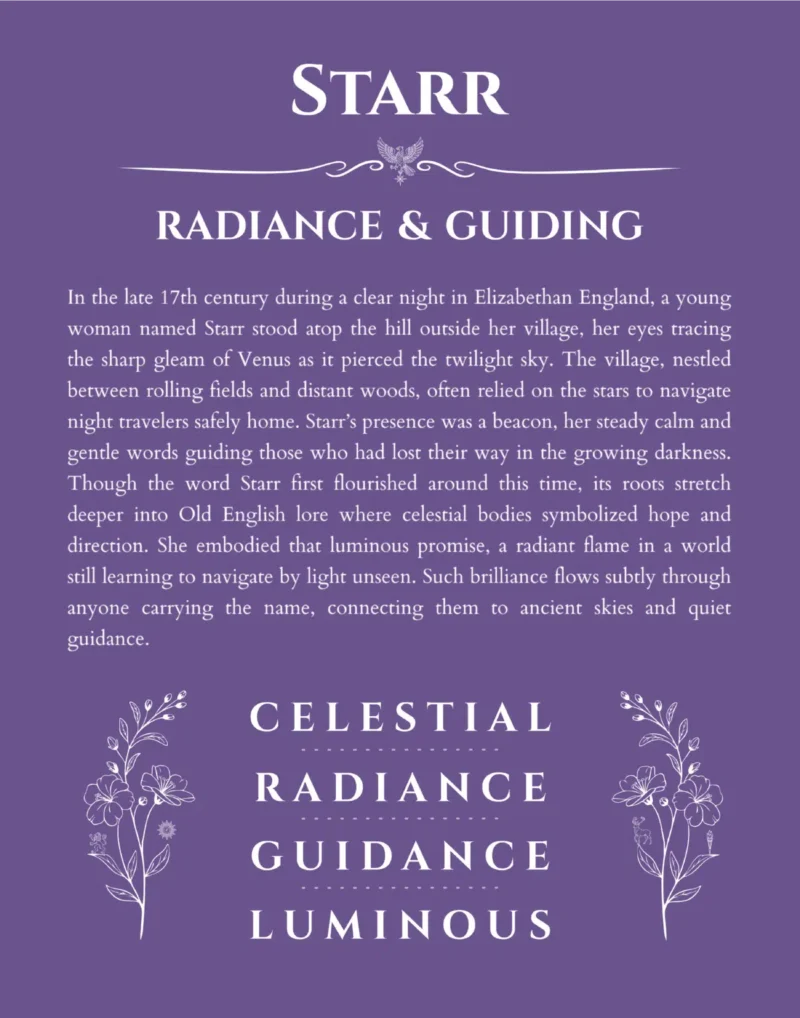 Starr name origin print with meaning and traits in purple