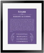 Starr name origin print with meaning and traits in purple with black matte frame