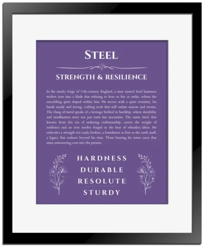 Steel name meaning gift print in purple with black matte frame