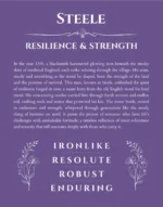 Steele name origin print with meaning and traits in purple