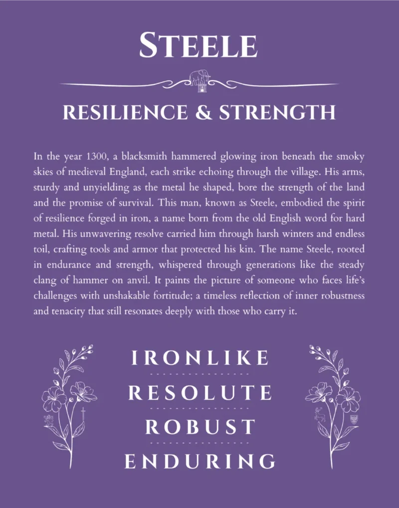 Steele name origin print with meaning and traits in purple