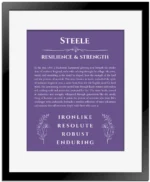 Steele name origin print with meaning and traits in purple with black matte frame