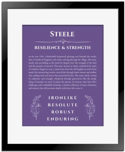 Steele name origin print with meaning and traits in purple with black matte frame