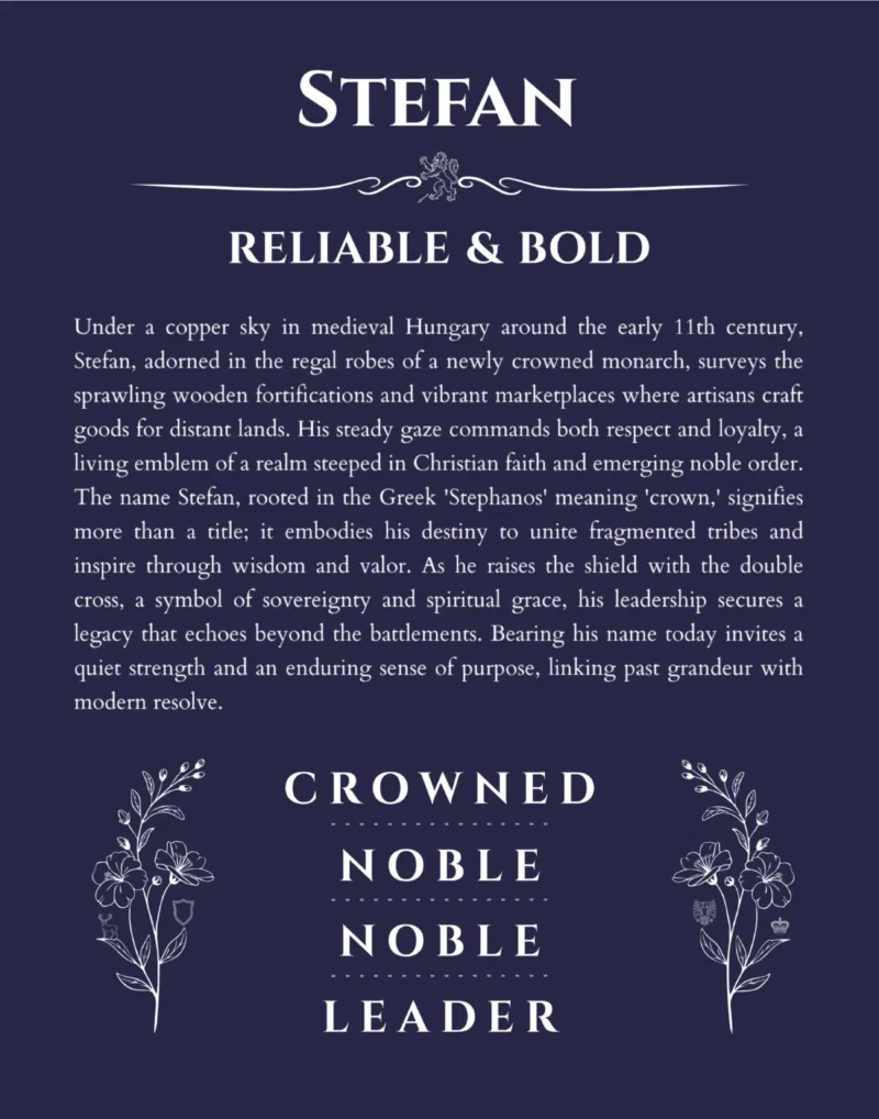 Stefan name origin print with meaning and traits in navy blue
