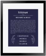 Stefan name origin print with meaning and traits in navy blue with black matte frame