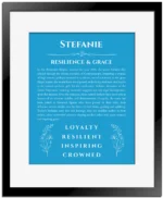 Stefanie personalized name art with origin story in blue with black matte frame