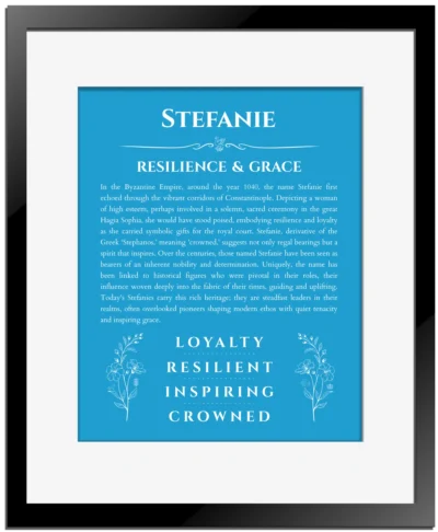 Stefanie personalized name art with origin story in blue with black matte frame