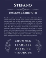 Stefano name origin print with meaning and traits in navy blue