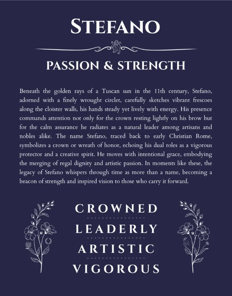 Stefano name origin print with meaning and traits in navy blue