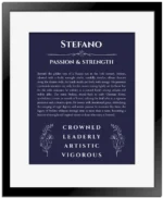 Stefano name origin print with meaning and traits in navy blue with black matte frame