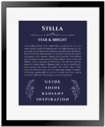 Stella name meaning gift print in navy blue with black matte frame