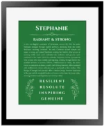 Stephanie personalized name meaning print in dark green with black matte frame
