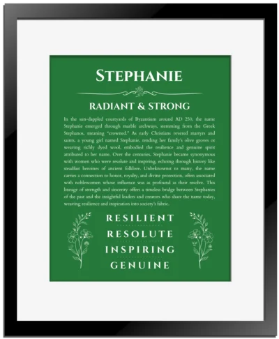 Stephanie personalized name meaning print in dark green with black matte frame