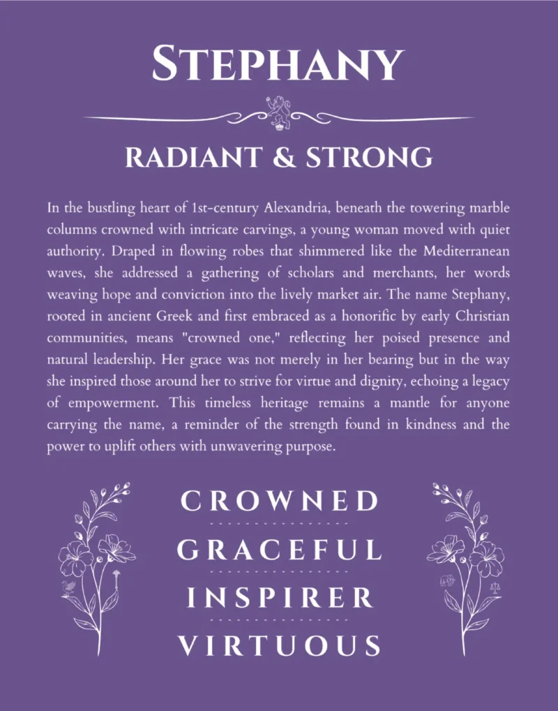 Stephany name origin print with meaning and traits in purple