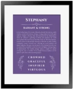 Stephany name origin print with meaning and traits in purple with black matte frame