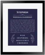Stephen name origin print with meaning and traits in navy blue with black matte frame