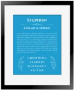 Stephon custom name art showing meaning and origin in blue with black matte frame