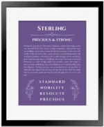 Sterling personalized wall art with the story of your name in purple with black matte frame