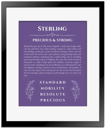 Sterling personalized wall art with the story of your name in purple with black matte frame