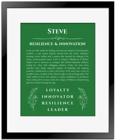 Steve personalized name meaning print in dark green with black matte frame