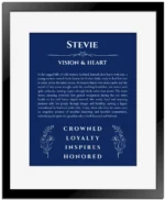 Stevie name meaning wall art by Get Your Story in deep blue with black matte frame