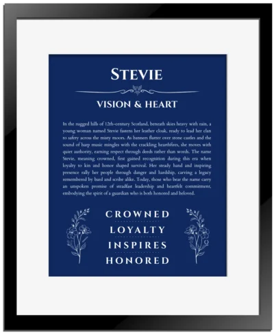 Stevie name meaning wall art by Get Your Story in deep blue with black matte frame