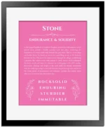 Stone personalized name print with origin and traits in pink with black matte frame