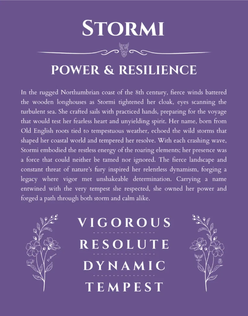 Stormi name origin print with meaning and traits in purple
