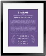 Stormi name origin print with meaning and traits in purple with black matte frame