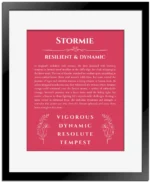 Stormie custom name art showing meaning and origin in red with black matte frame