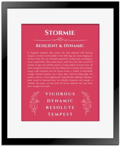Stormie custom name art showing meaning and origin in red with black matte frame