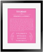 Stormy personalized name art with origin story in pink with black matte frame