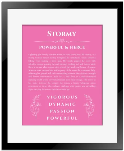 Stormy personalized name art with origin story in pink with black matte frame