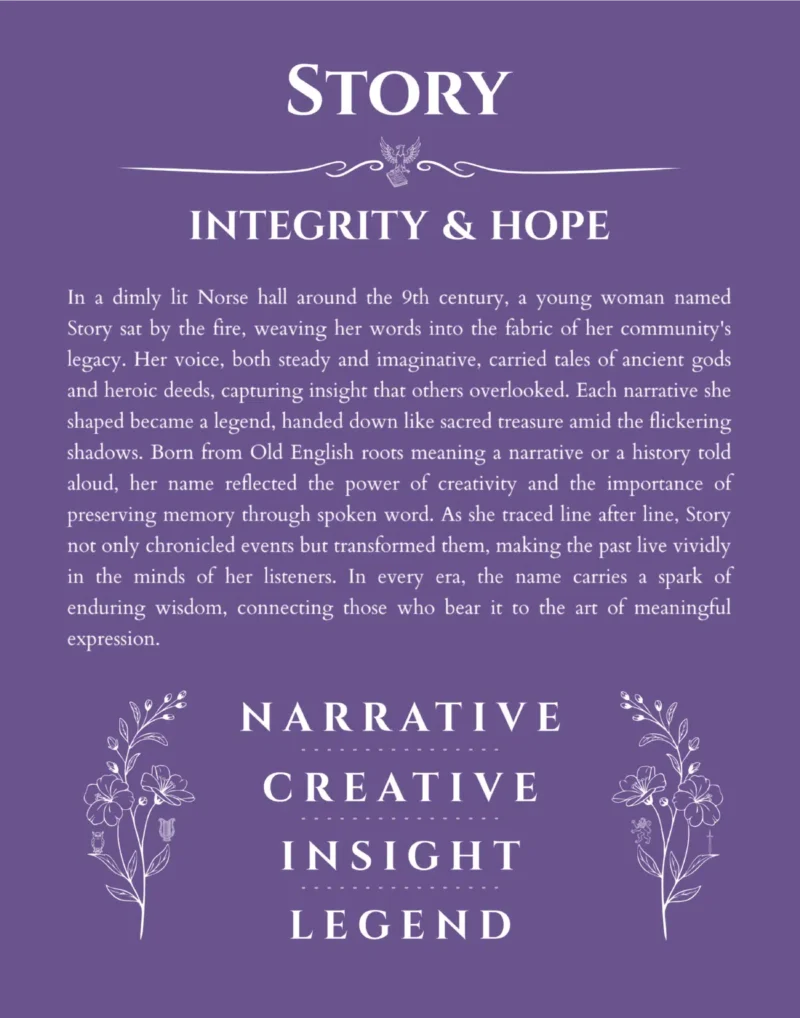 Story custom name art showing meaning and origin in purple