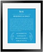 Sue personalized name print with origin and traits in blue with black matte frame