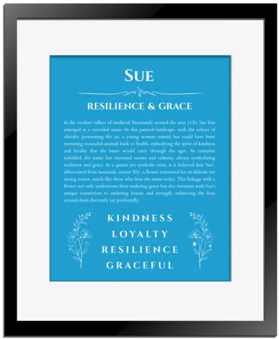 Sue personalized name print with origin and traits in blue with black matte frame