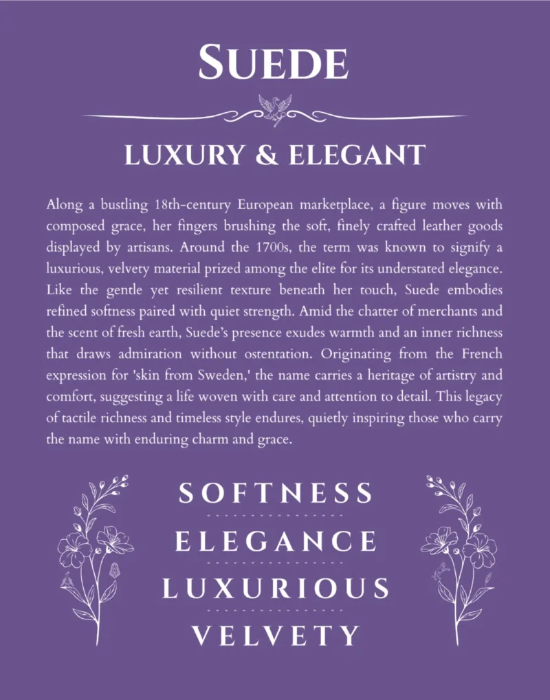 Suede custom name art showing meaning and origin in purple