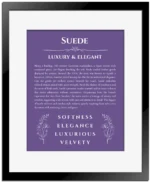 Suede custom name art showing meaning and origin in purple with black matte frame