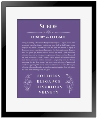 Suede custom name art showing meaning and origin in purple with black matte frame
