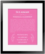 Sulaiman personalized wall art with the story of your name in pink with black matte frame