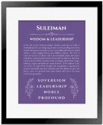 Suleiman personalized name print with origin and traits in purple with black matte frame