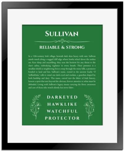 Sullivan custom name art showing meaning and origin in dark green with black matte frame