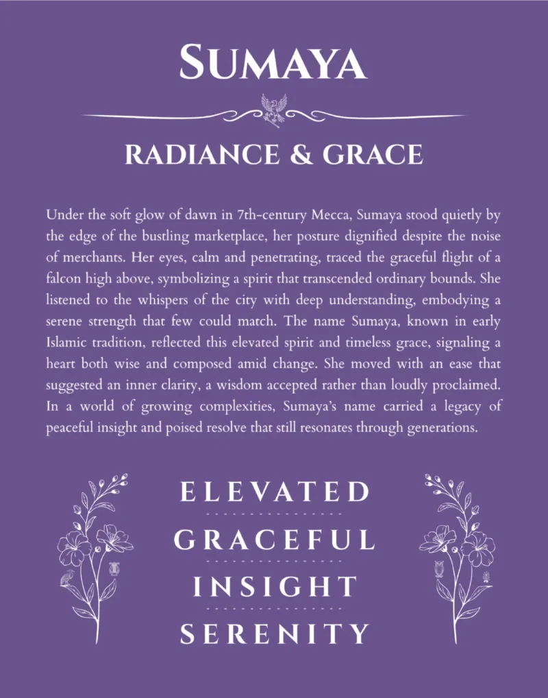 Sumaya name origin print with meaning and traits in purple