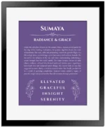 Sumaya name origin print with meaning and traits in purple with black matte frame
