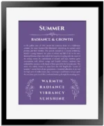 Summer personalized name print with origin and traits in purple with black matte frame
