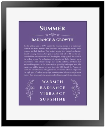 Summer personalized name print with origin and traits in purple with black matte frame