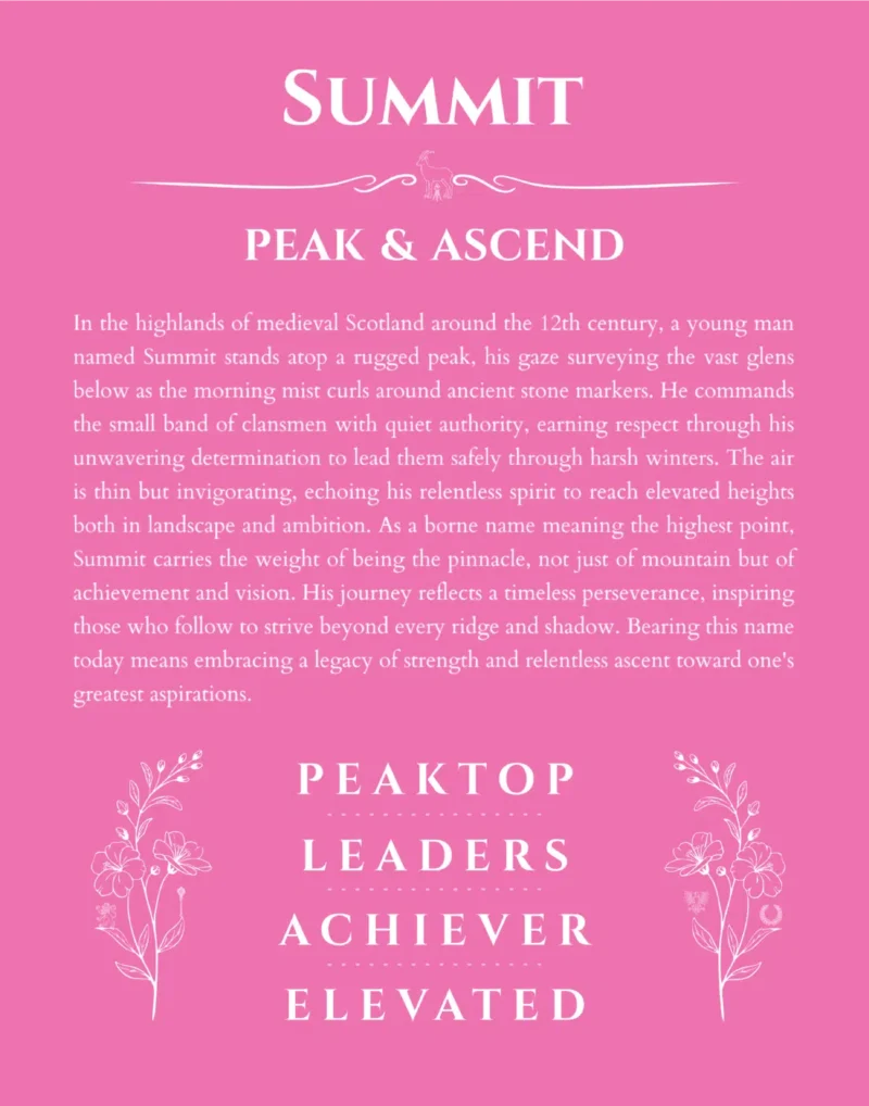 Summit name origin print with meaning and traits in pink