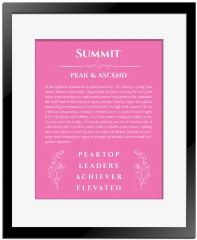 Summit name origin print with meaning and traits in pink with black matte frame